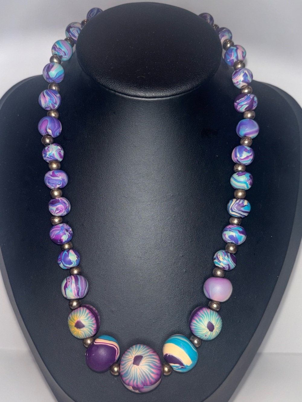 Vintage Artisan Polymer Clay Bead Necklace 18” Purple Teal Boho Statement